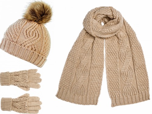 Boardman Cable Knit Pom Beanie Scarf and Glove Set